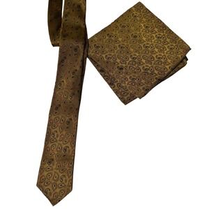 Mens Vintage Gold Paisley Thin Tie and Pocket Square Set